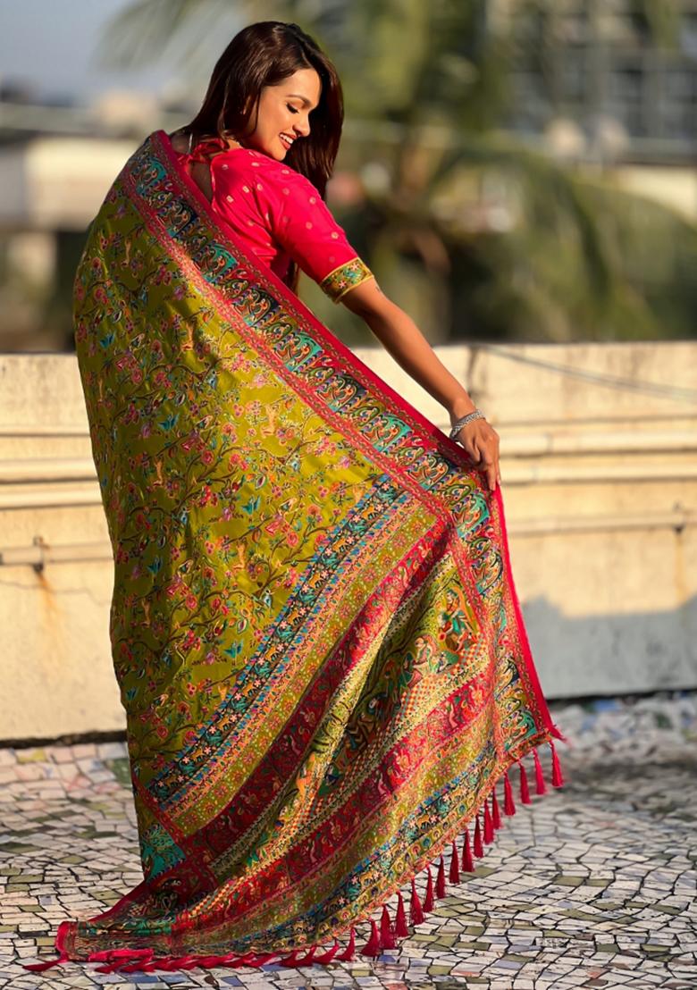 Green Abstract Viscose Saree Set - Indya