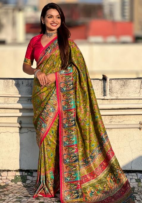 Green Abstract Viscose Saree Set
