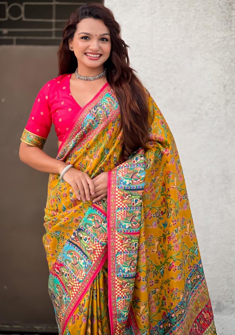 Mustard Abstract Viscose Saree Set - Indya
