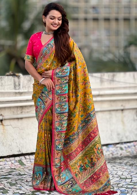 Mustard Abstract Viscose Saree Set