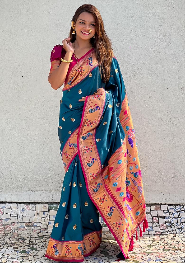 Teal Zari Work Silk Saree Set - Indya