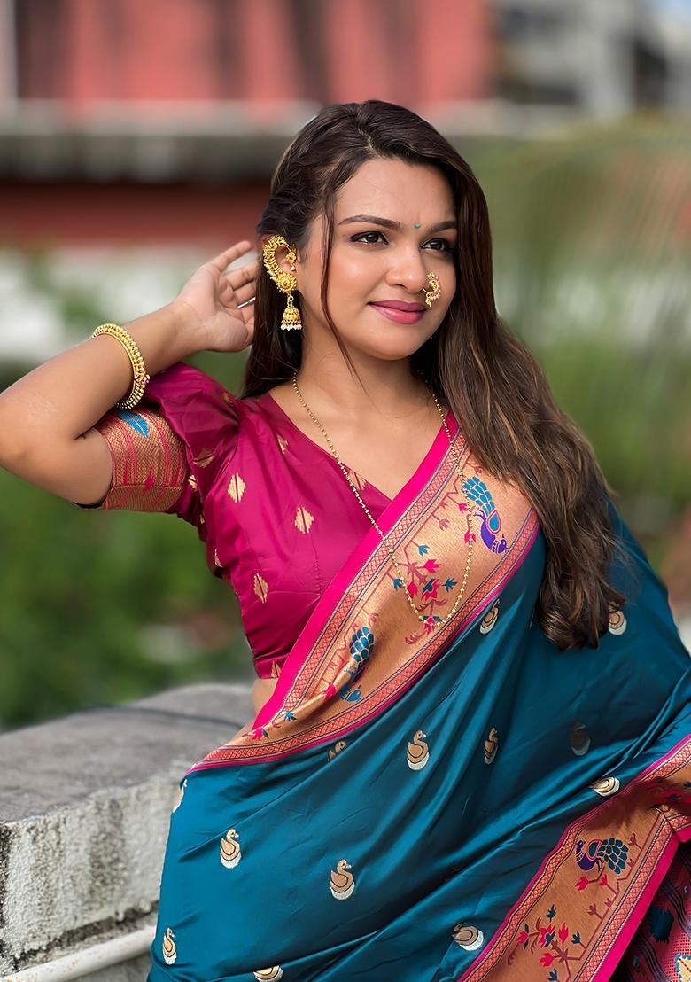 Teal Zari Work Silk Saree Set - Indya