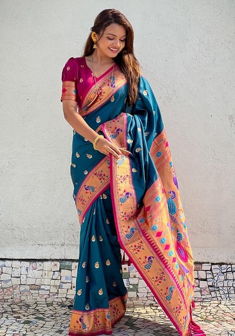 Teal Zari Work Silk Saree Set