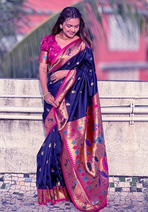 Navy Blue Zari Work Silk Saree Set