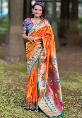 Orange Zari Work Silk Saree Set