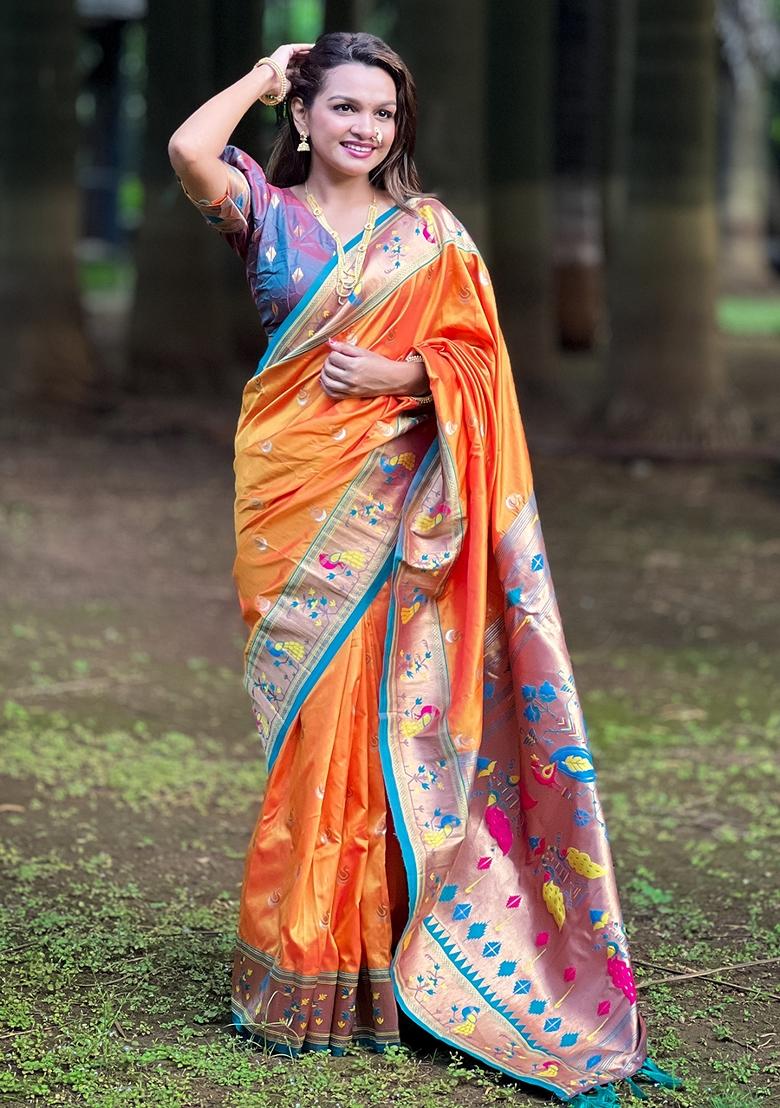 Orange Zari Work Silk Saree Set - Indya