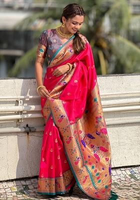 Pink Zari Work Silk Saree Set