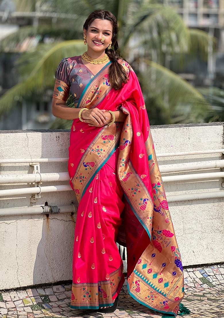 Pink Zari Work Silk Saree Set - Indya