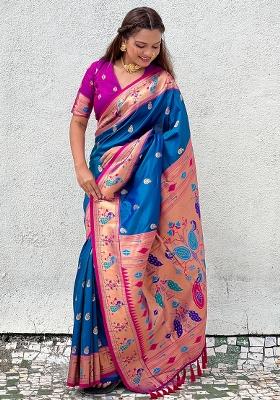 Blue Zari Work Silk Saree Set