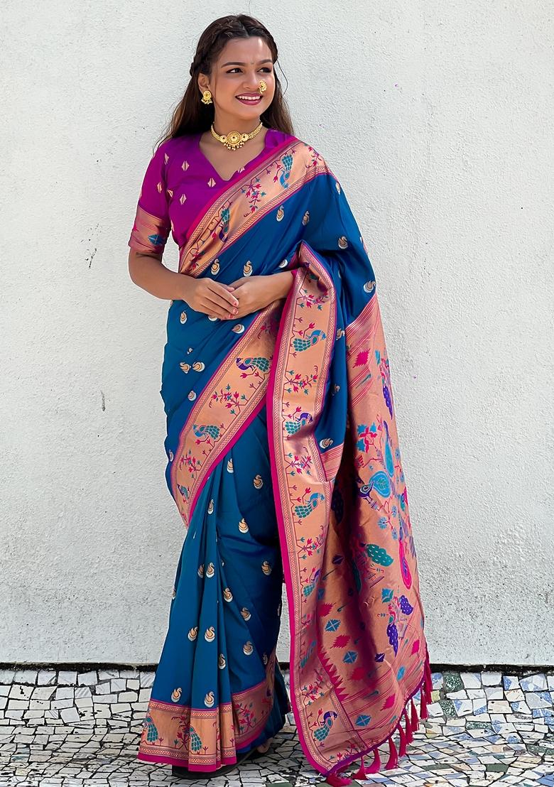 Blue Zari Work Silk Saree Set - Indya