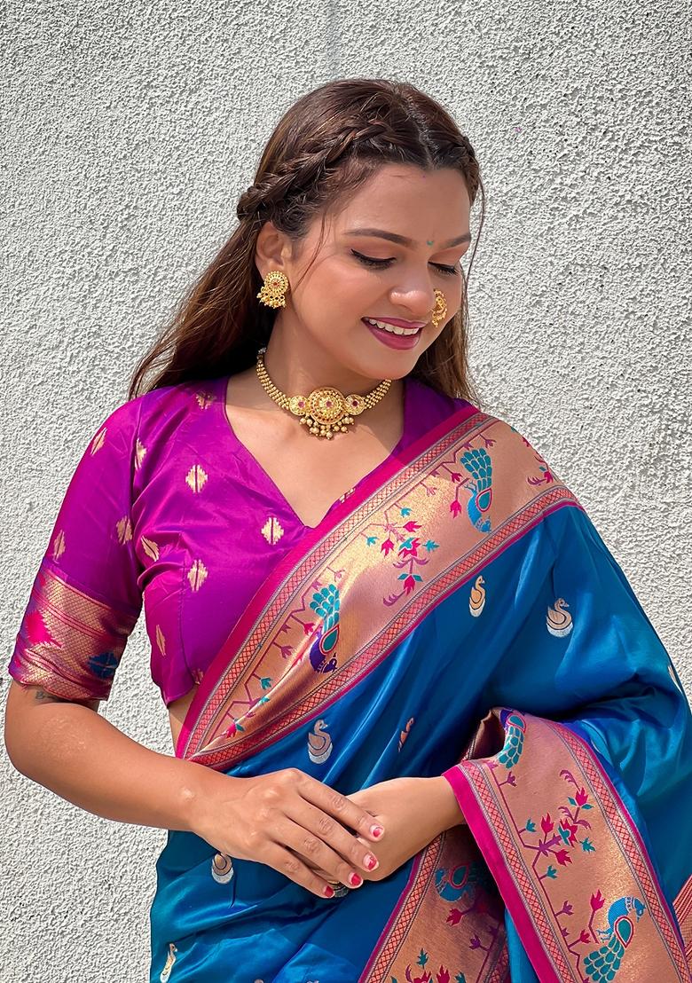 Blue Zari Work Silk Saree Set - Indya