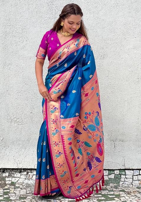 Blue Zari Work Silk Saree Set