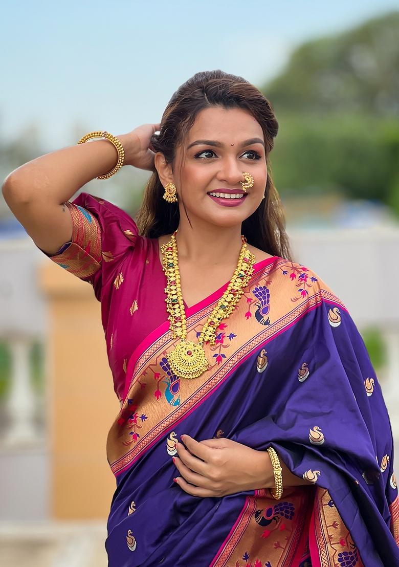 Violet Zari Work Silk Saree Set - Indya