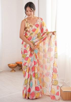Off White Abstract Chiffon Saree Set