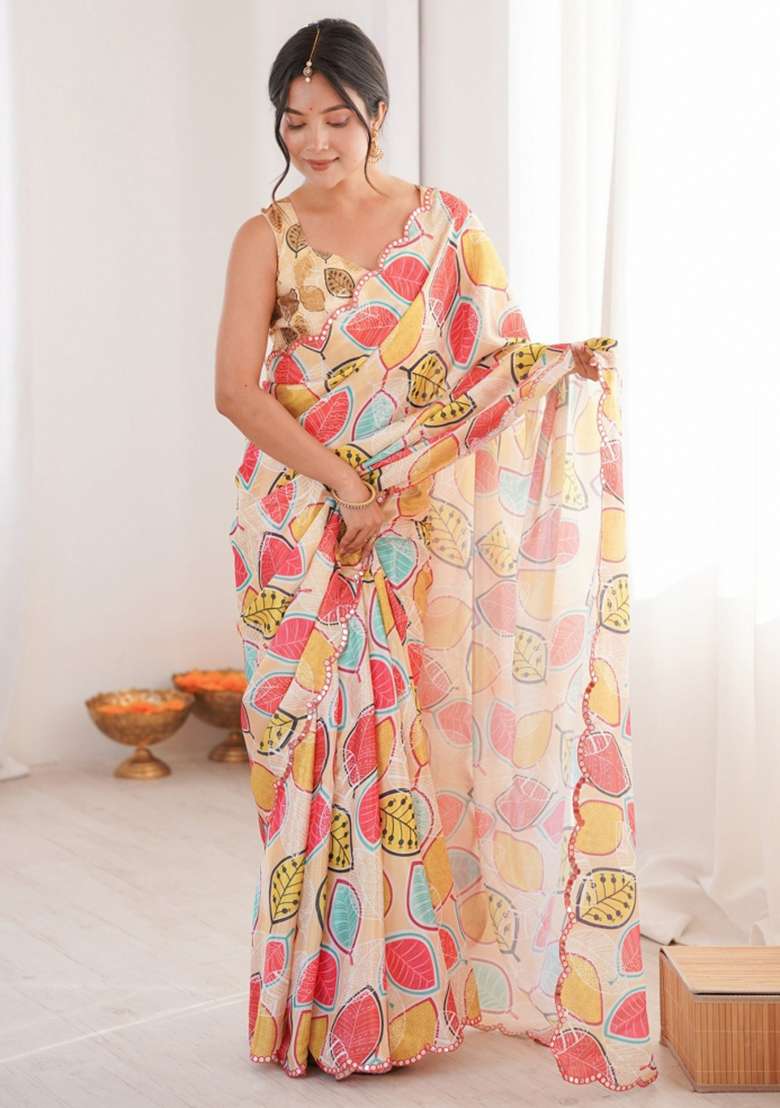 Off White Abstract Chiffon Saree Set for Diwali | Wedding & Festive Wear - Indya