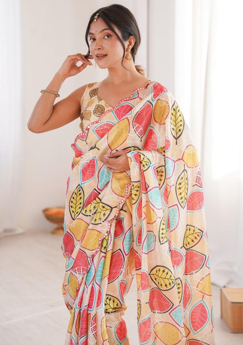 Off White Abstract Chiffon Saree Set - Indya