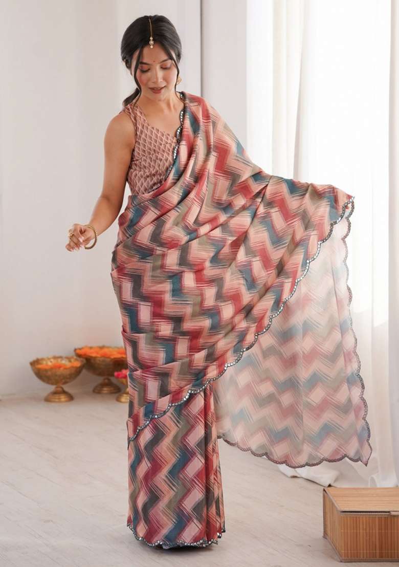 Multicolor Abstract Chiffon Saree Set for Diwali and Festive Wear - Indya