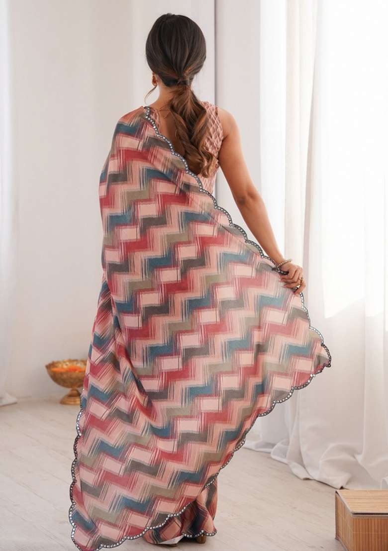 Multicolor Abstract Chiffon Saree Set for Diwali and Festive Wear - Indya