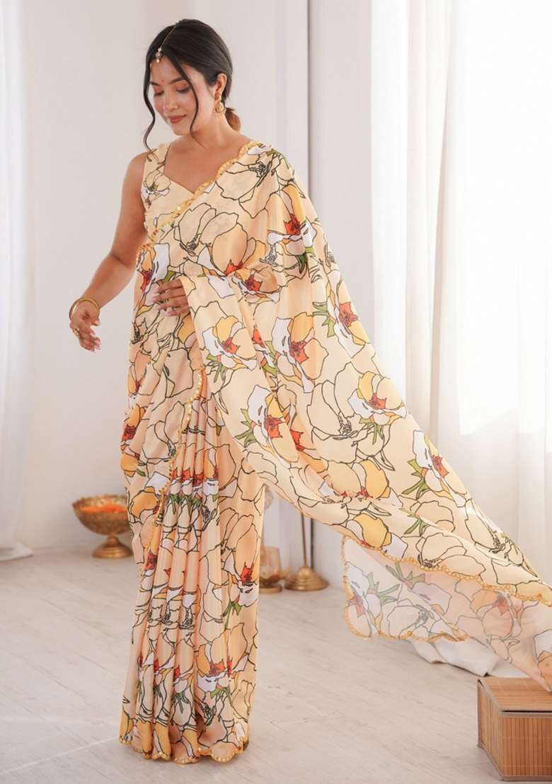 Peach Abstract Chiffon Saree Set for Diwali | Wedding & Festive Wear - Indya