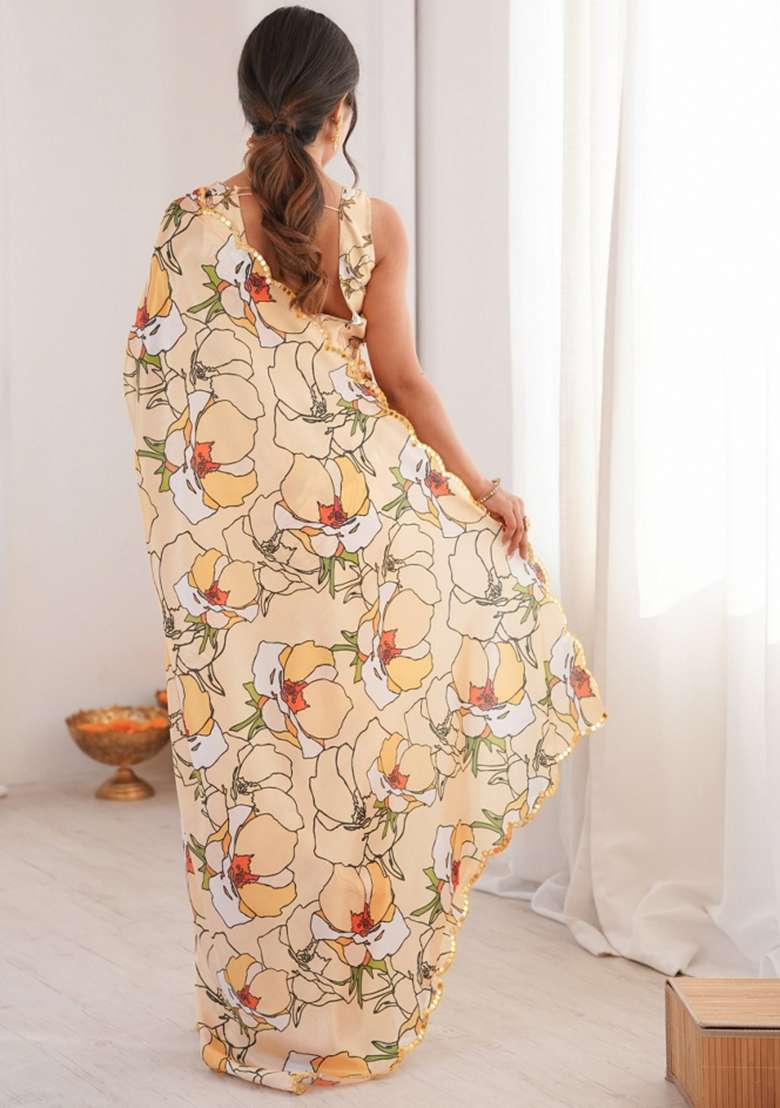 Peach Abstract Chiffon Saree Set for Diwali | Wedding & Festive Wear - Indya