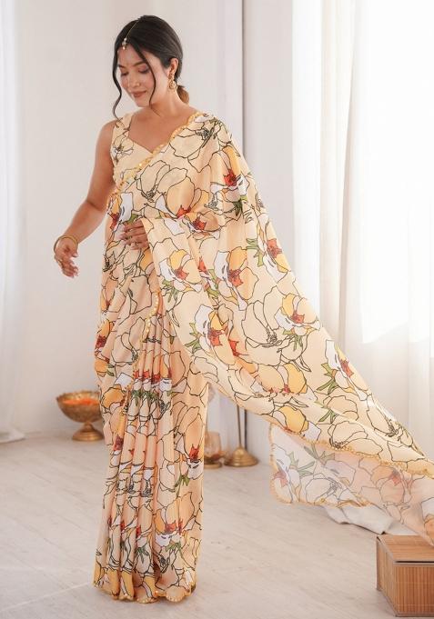 Peach Abstract Chiffon Saree Set