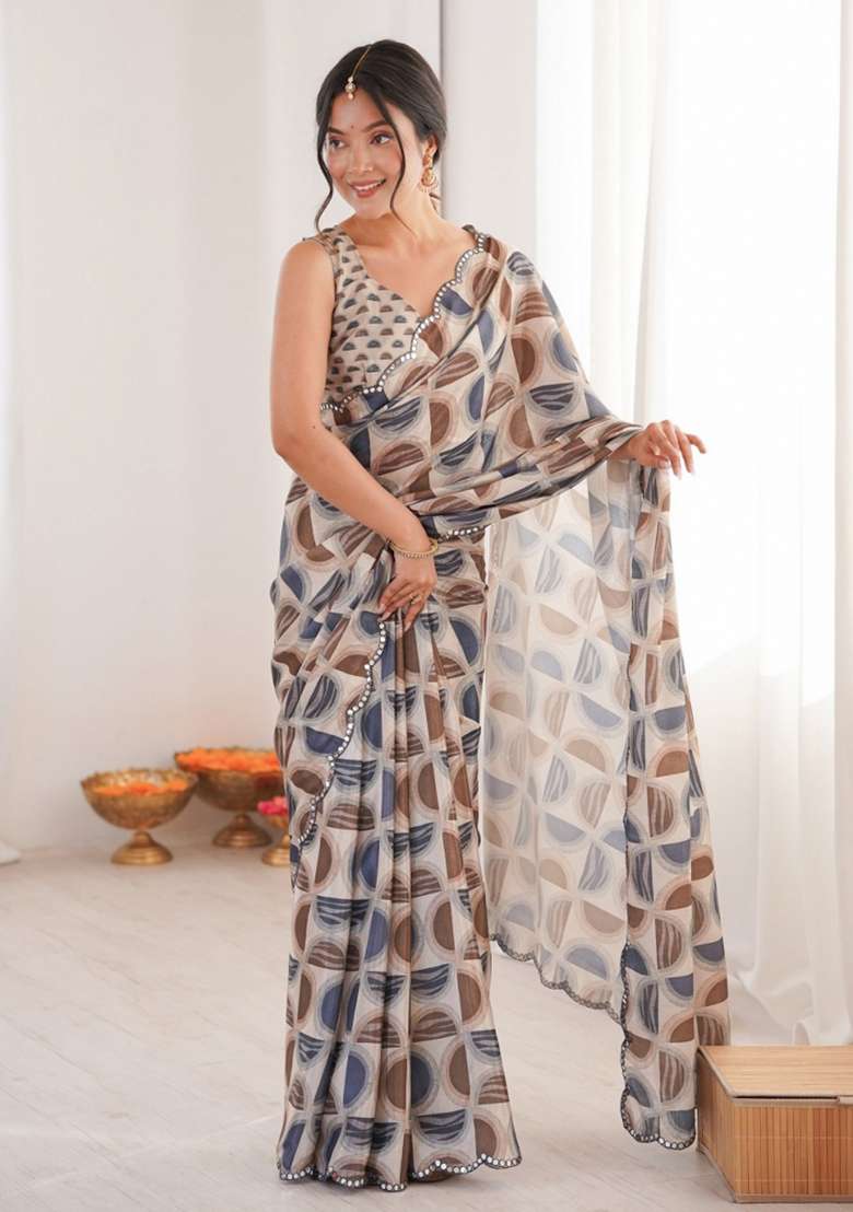 Grey Abstract Chiffon Saree Set for Diwali | Wedding & Festive Wear - Indya