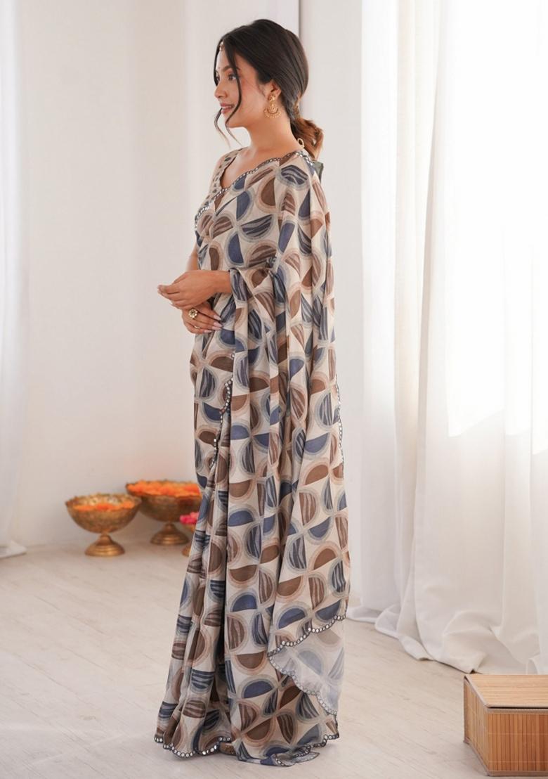 Grey Abstract Chiffon Saree Set - Indya