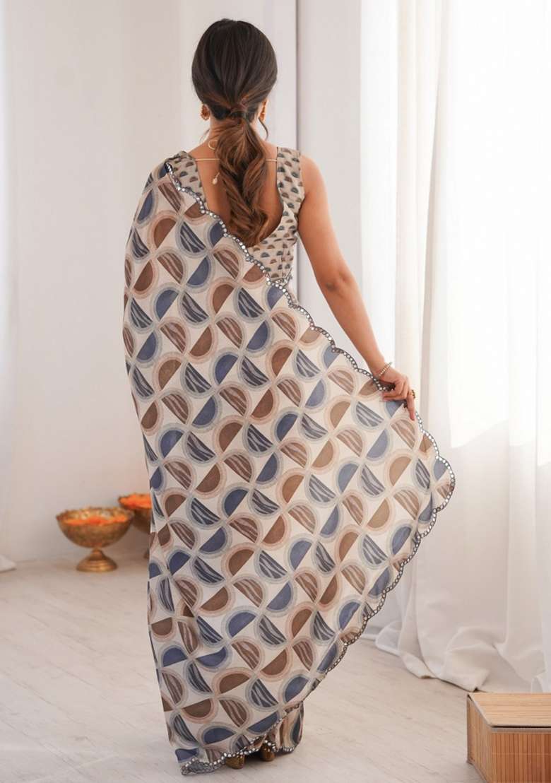 Grey Abstract Chiffon Saree Set for Diwali | Wedding & Festive Wear - Indya