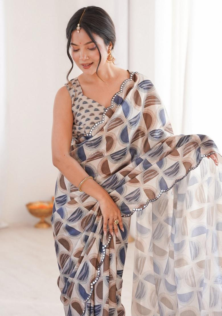 Grey Abstract Chiffon Saree Set - Indya