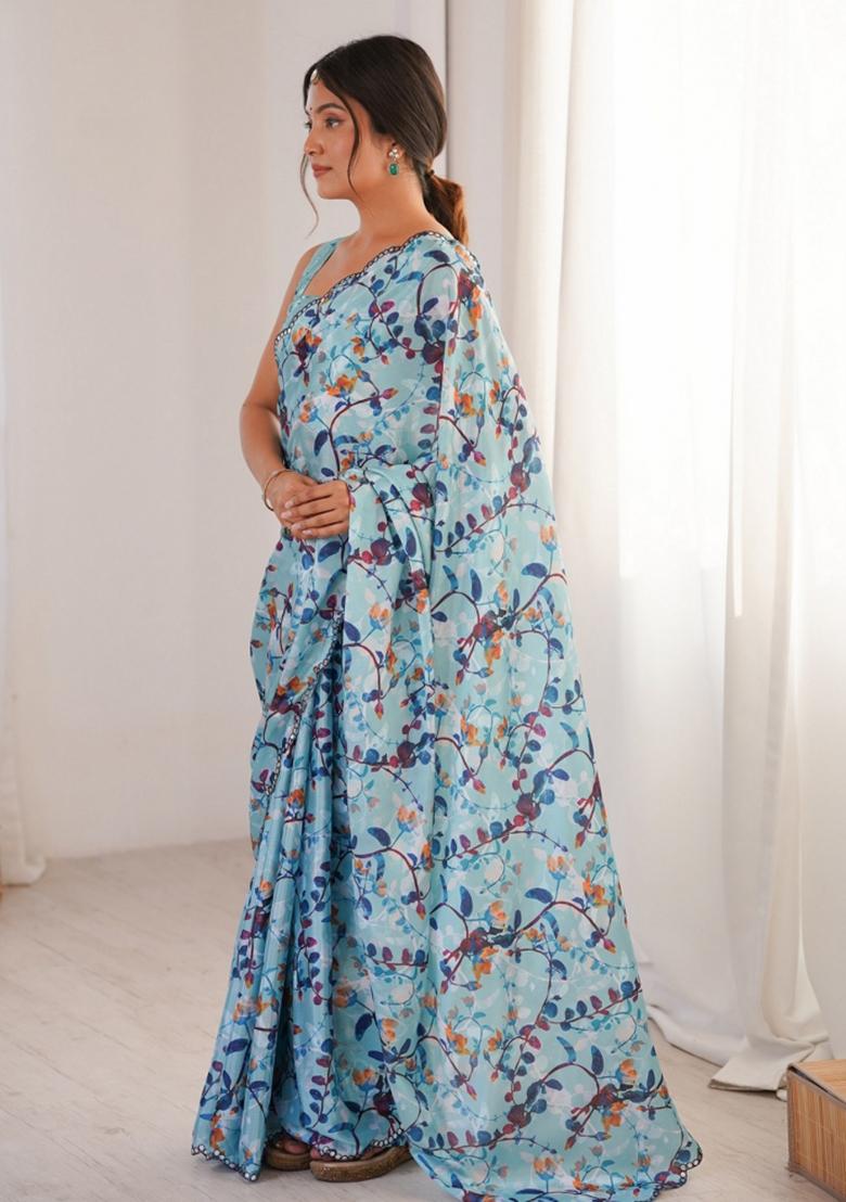 Blue Abstract Chiffon Saree Set - Indya