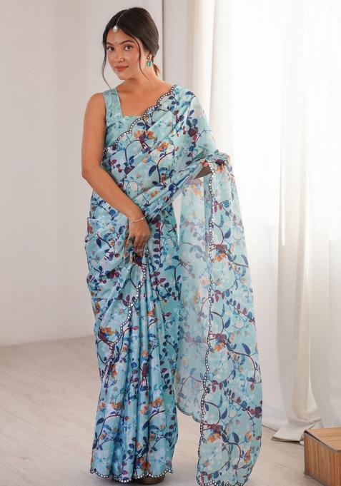 Blue Abstract Chiffon Saree Set