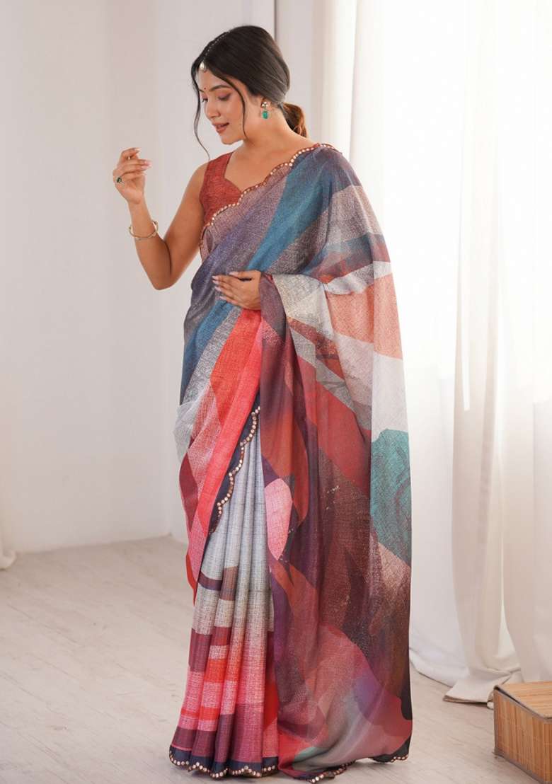 Multicolor Abstract Chiffon Saree Set for Diwali and Festive Wear - Indya