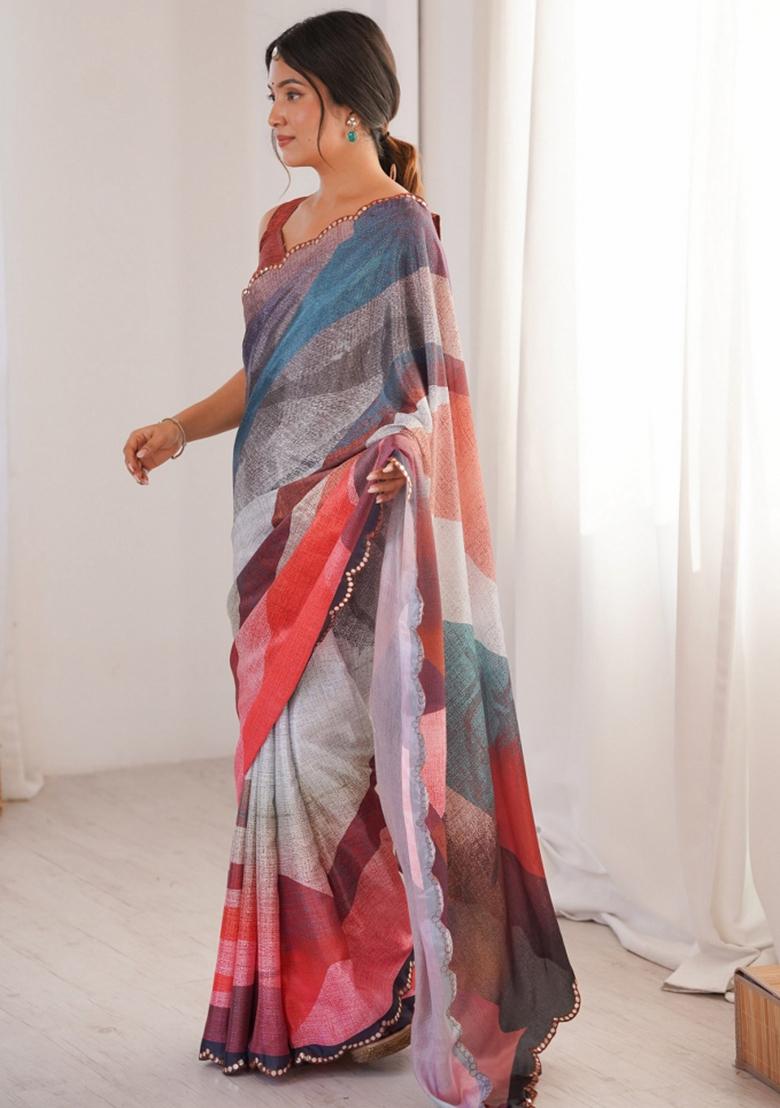 Multicolor Abstract Chiffon Saree Set - Indya