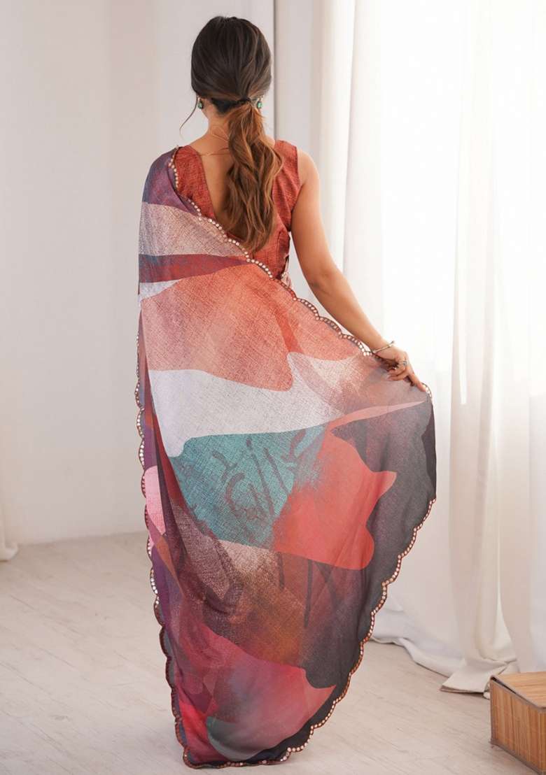 Multicolor Abstract Chiffon Saree Set for Diwali and Festive Wear - Indya