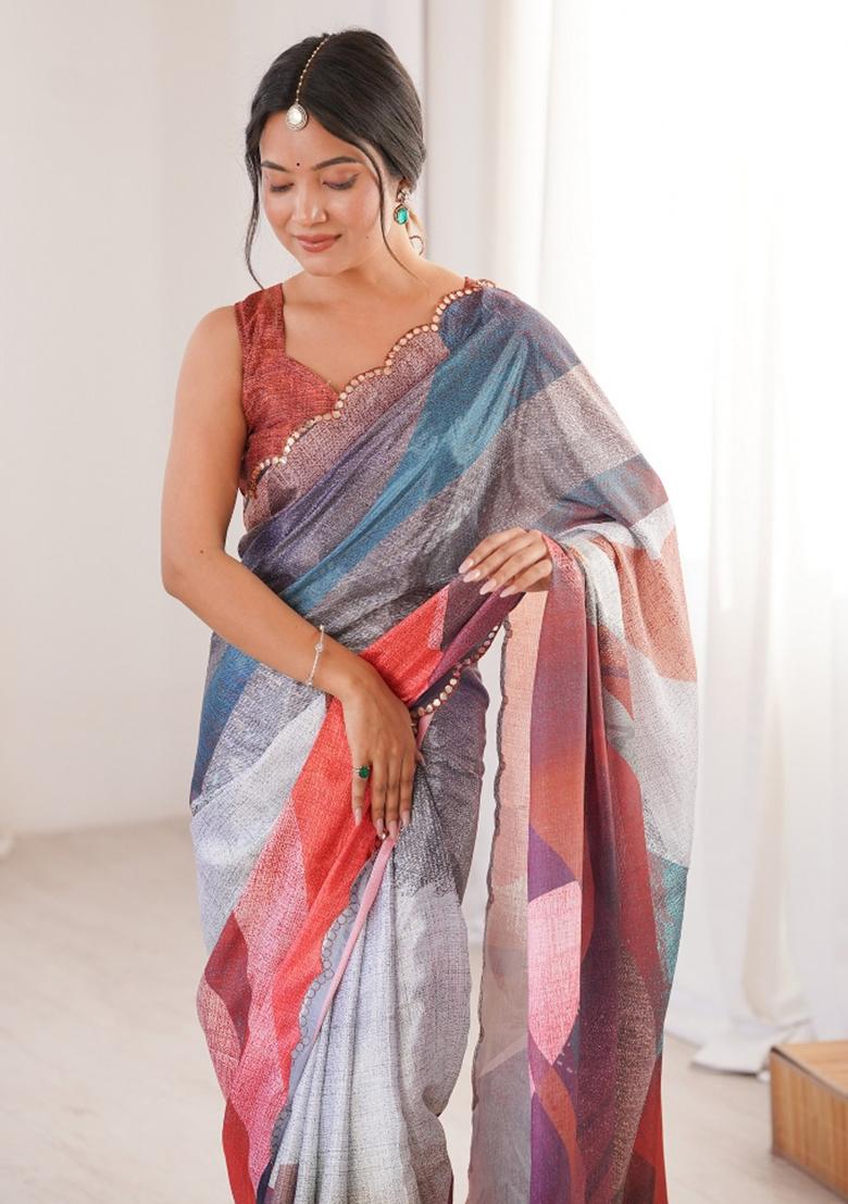 Multicolor Abstract Chiffon Saree Set - Indya