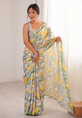 Off White Abstract Chiffon Saree Set