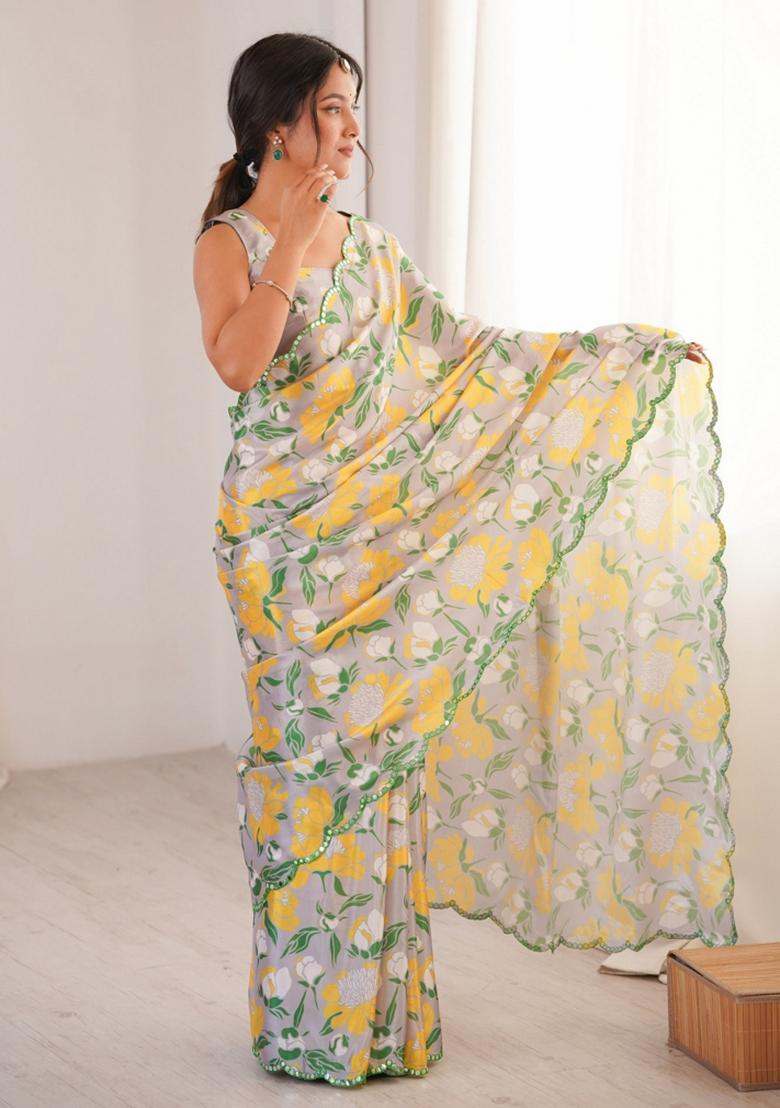 Off White Abstract Chiffon Saree Set - Indya