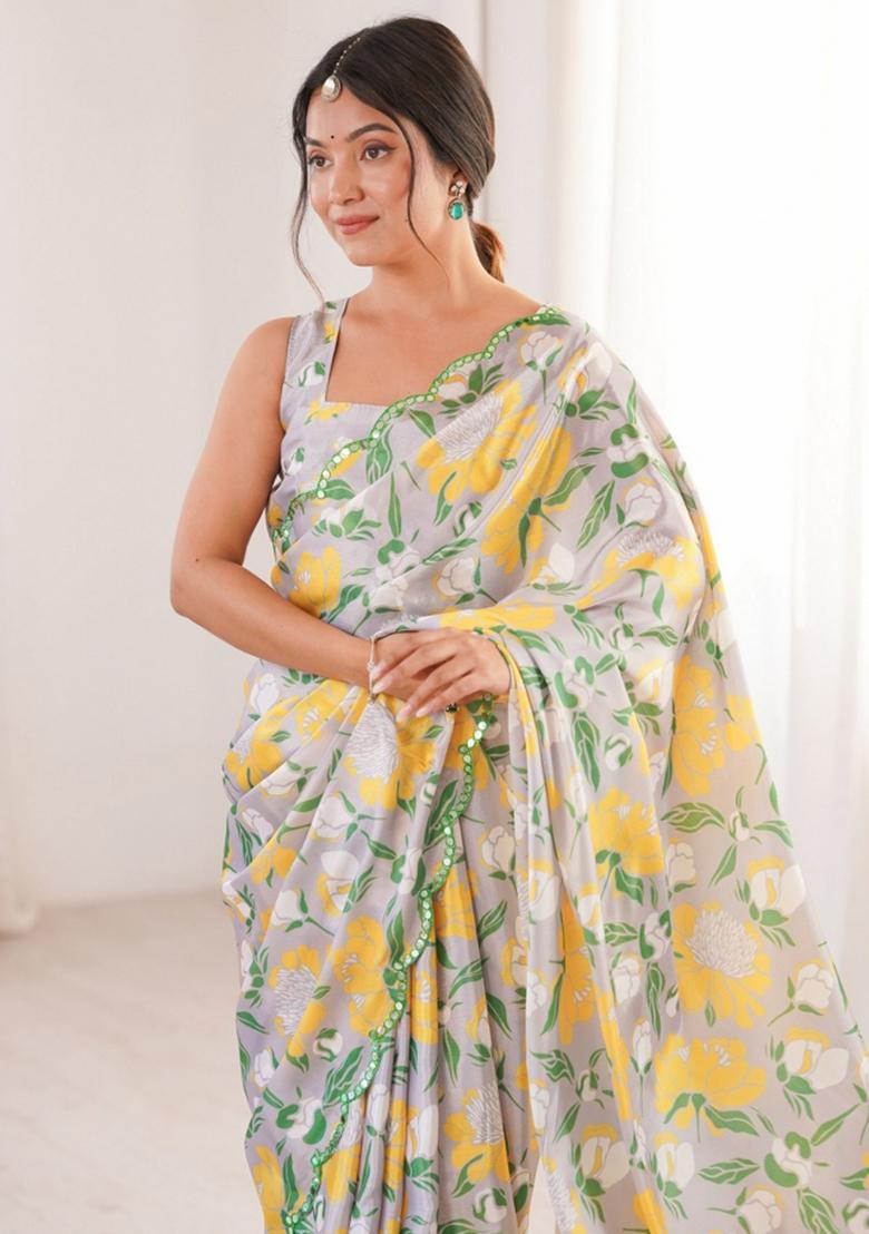 Off White Abstract Chiffon Saree Set - Indya