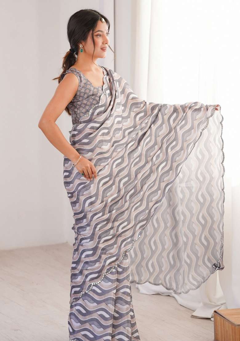 Grey Abstract Chiffon Saree Set for Diwali | Wedding & Festive Wear - Indya