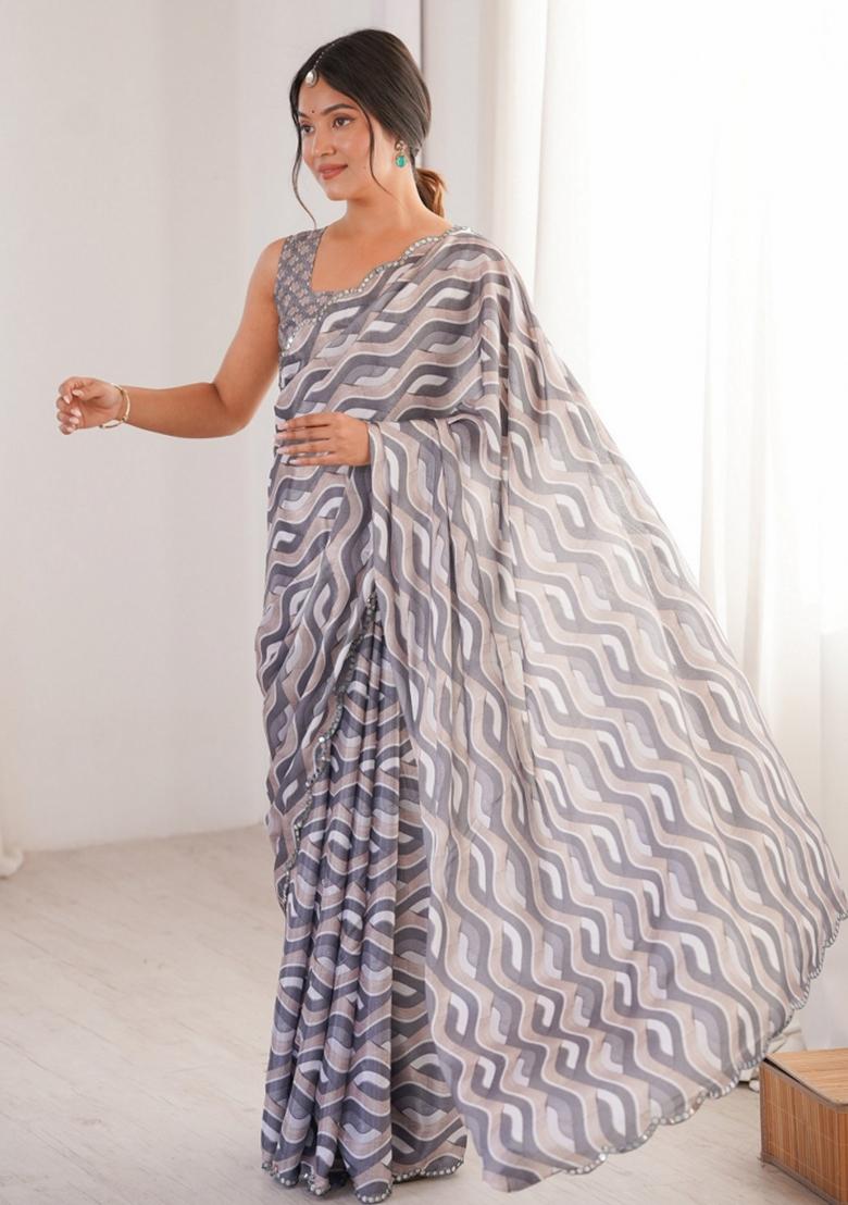 Grey Abstract Chiffon Saree Set - Indya