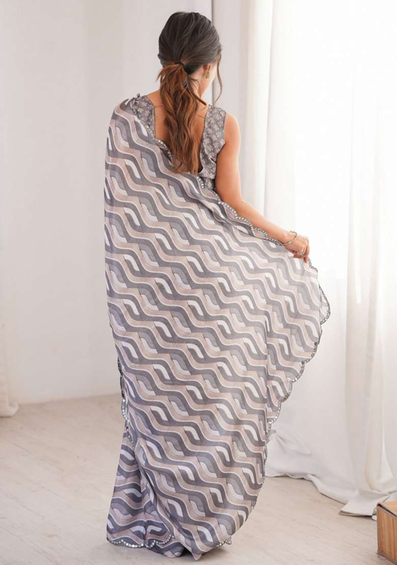 Grey Abstract Chiffon Saree Set for Diwali | Wedding & Festive Wear - Indya
