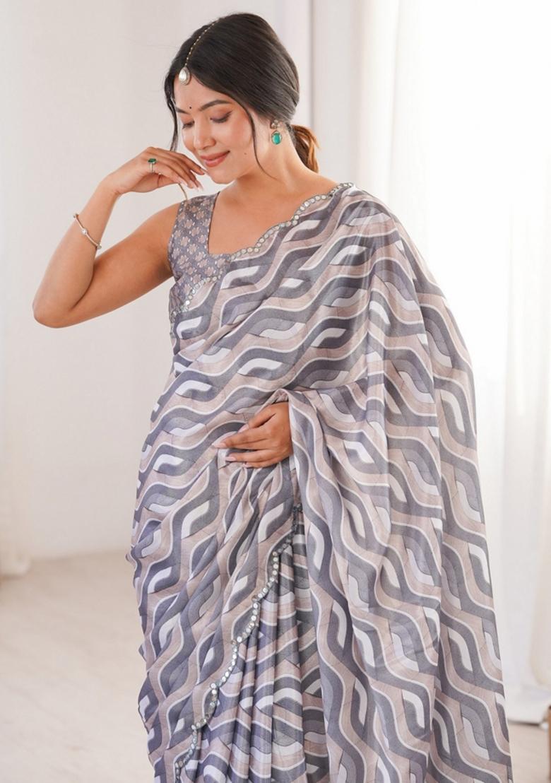 Grey Abstract Chiffon Saree Set - Indya