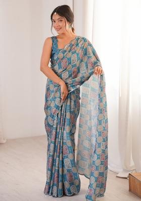 Blue Abstract Chiffon Saree Set