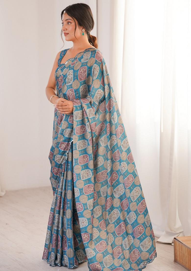Blue Abstract Chiffon Saree Set - Indya