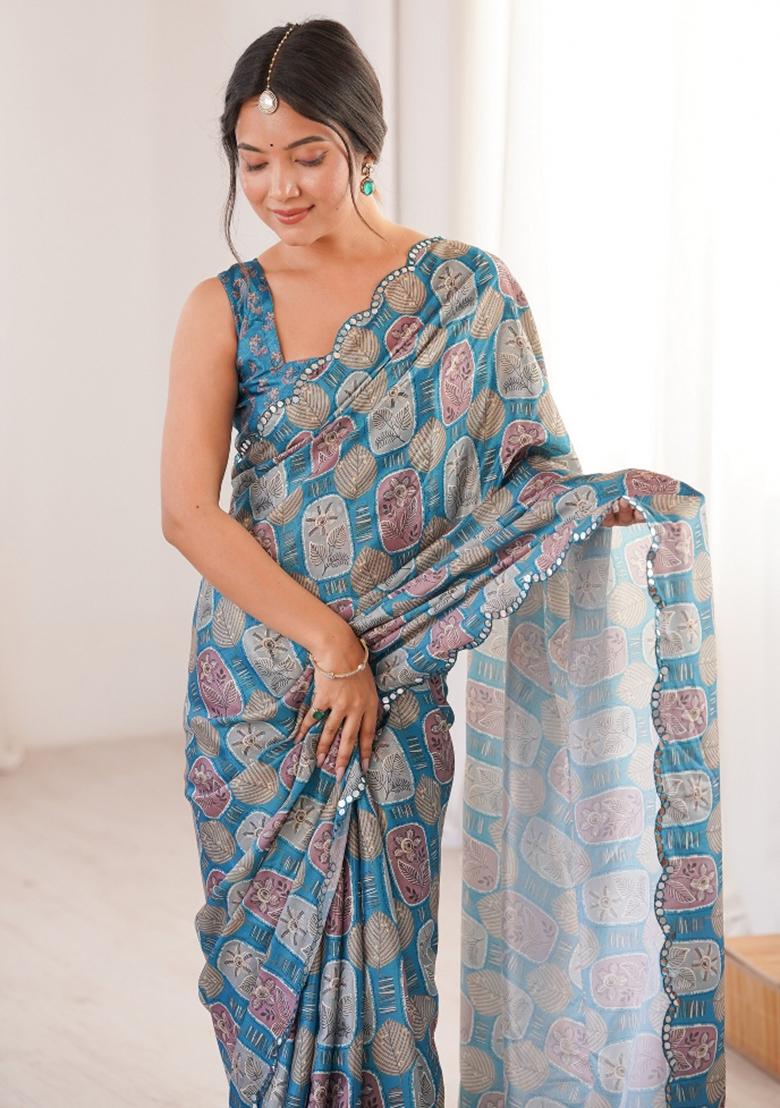 Blue Abstract Chiffon Saree Set - Indya