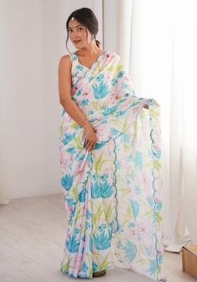 White Abstract Chiffon Saree Set