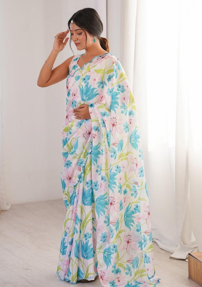 White Abstract Chiffon Saree Set - Indya