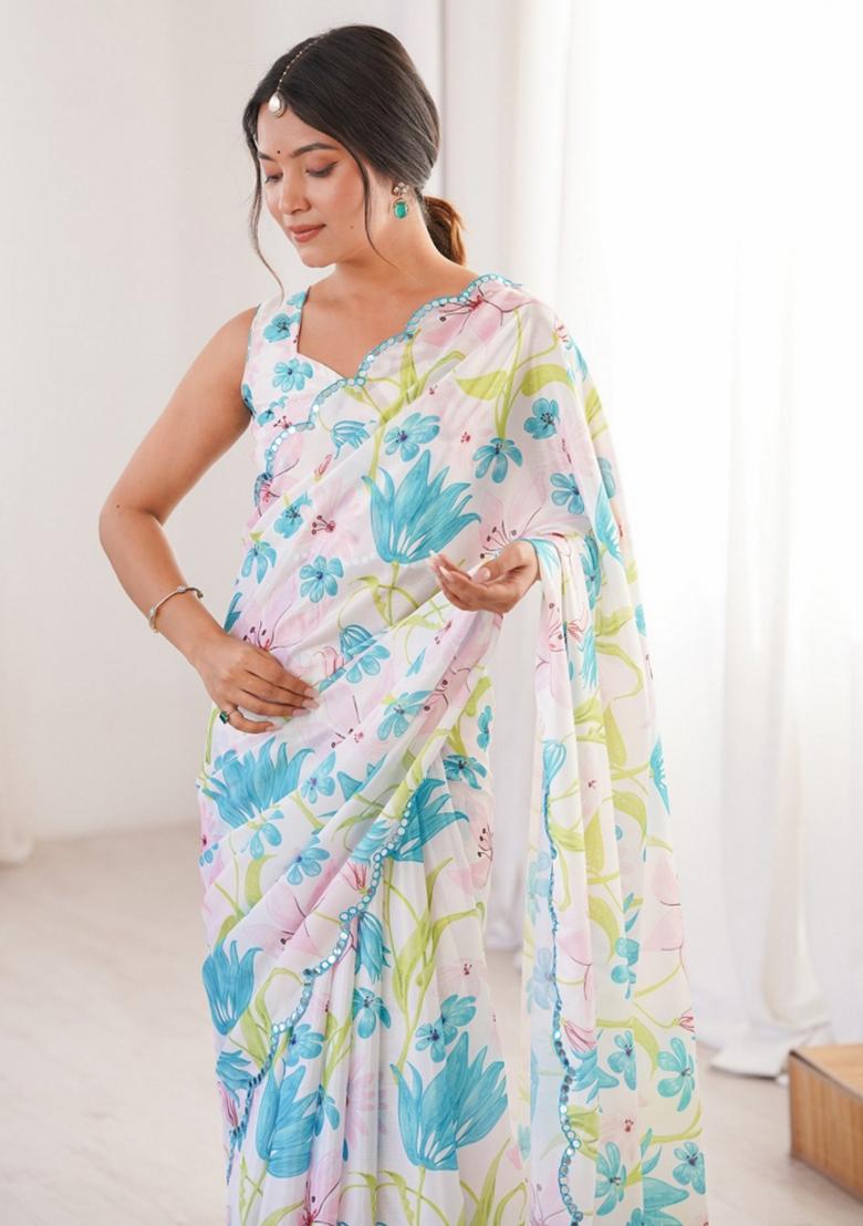 White Abstract Chiffon Saree Set - Indya