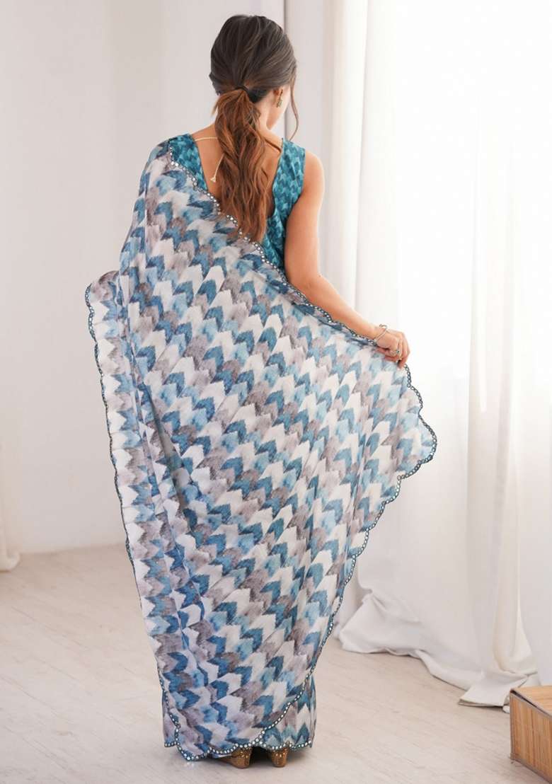 Multicolor Abstract Chiffon Saree Set for Diwali | Wedding & Festive Wear - Indya