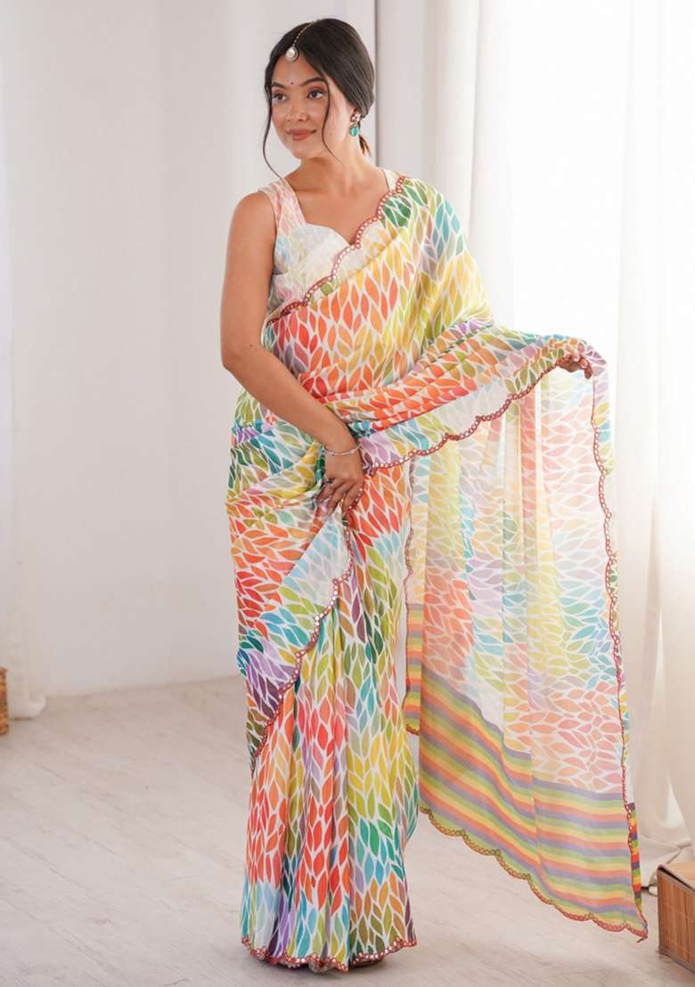Multicolor Abstract Chiffon Saree Set for Diwali and Festive Wear - Indya
